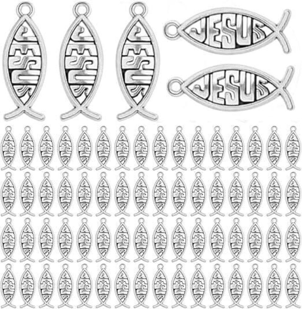 4470 100pcs Antique Silver Jesus Fish Charms Tibetan Alloy Christian Fish